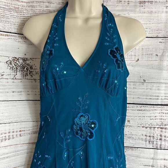 Vintage Newport News Dress Womens Halter y2k 90s embroidered sequin Fairy Teal - Picture 5 of 12